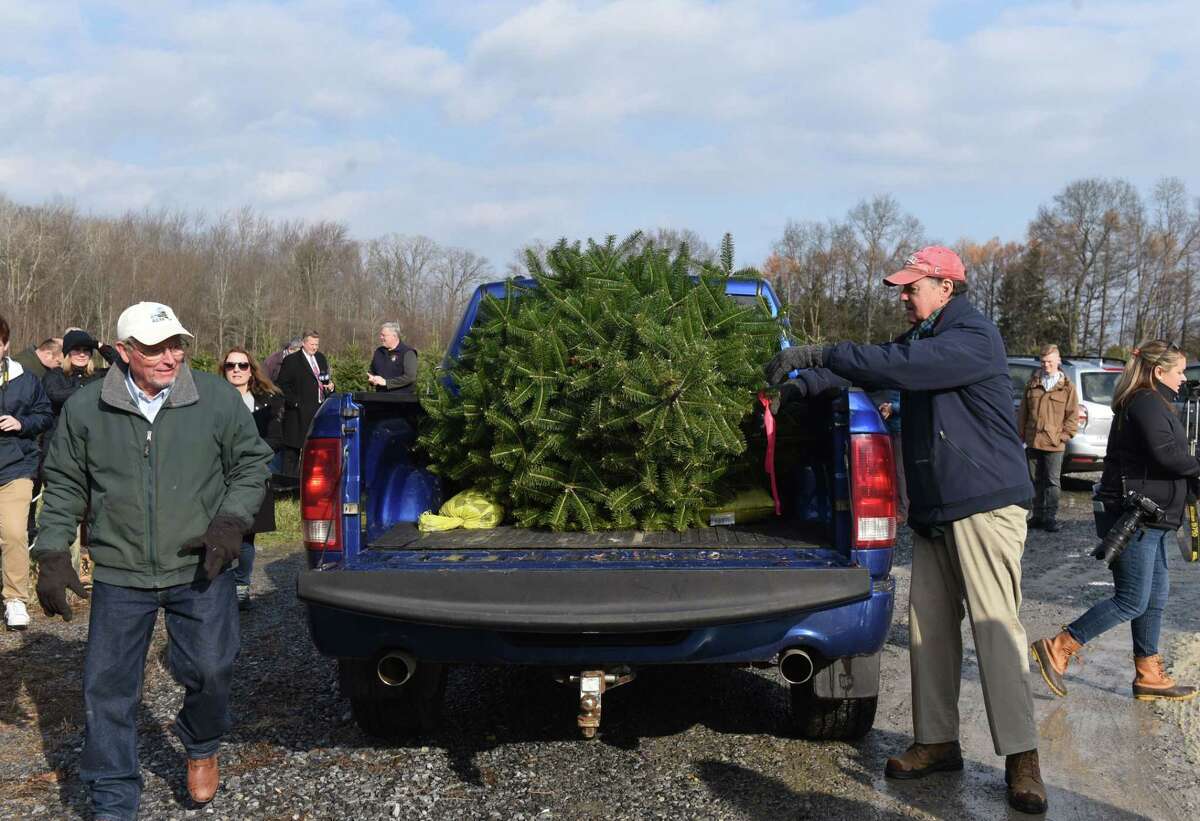 State Agriculture Commissioner Richard Ball, left, and Boulder Brook Farm owner Peter Brooks, right, load a Christmas tree to be displayed at the Adirondacks New York Welcome Center on Monday, Nov. 25, 2019, at Boulder Brook Farm in Malta, N.Y. During an event to promote the purchase of state grown Christmas trees. (Will Waldron/Times Union)