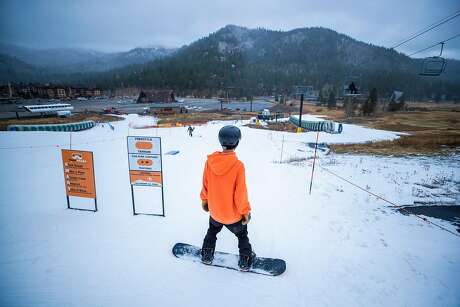 Skiers enjoy the the terrain park at at SnoVentures Activity Zone at Squaw Valley in Alpine Meadows, CA on November 20, 2019.