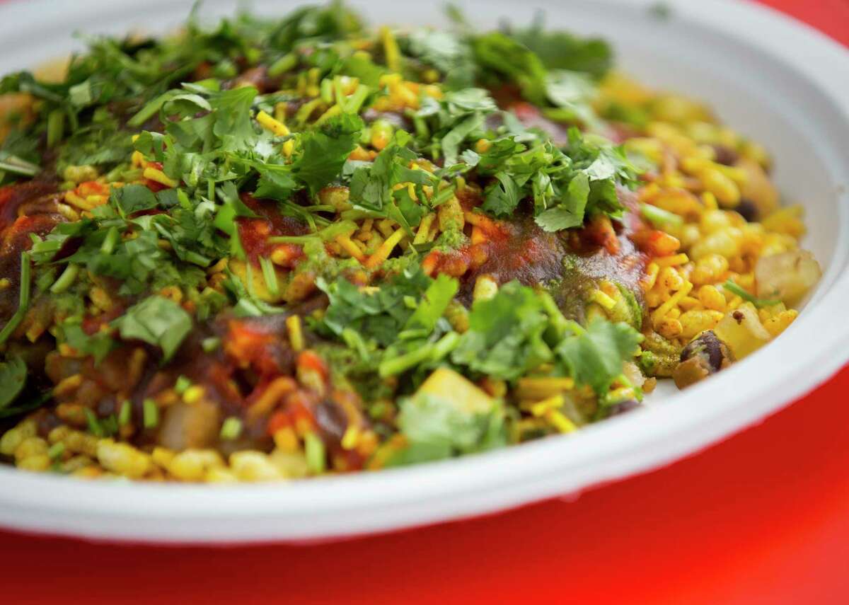 Bhel (puffed rice, thin flour noodles, apple butter and cilantro chutney topped with fresh cilantro) at Shayona Cafe