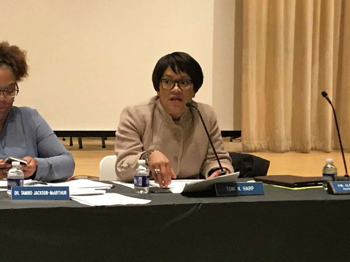 New Haven Mayor Toni Harp at a Board of Education meeting on Nov. 25, 2019.