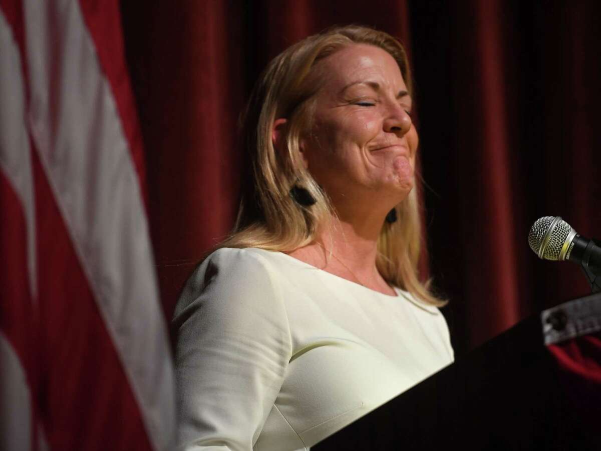 Newly elected Fairfield First Selectwoman Brenda Kupchick takes a moment to gather herself before delivering her address during the Oath of Office Ceremony at Warde High School in Fairfield, Conn. on Monday, November 25, 2019.
