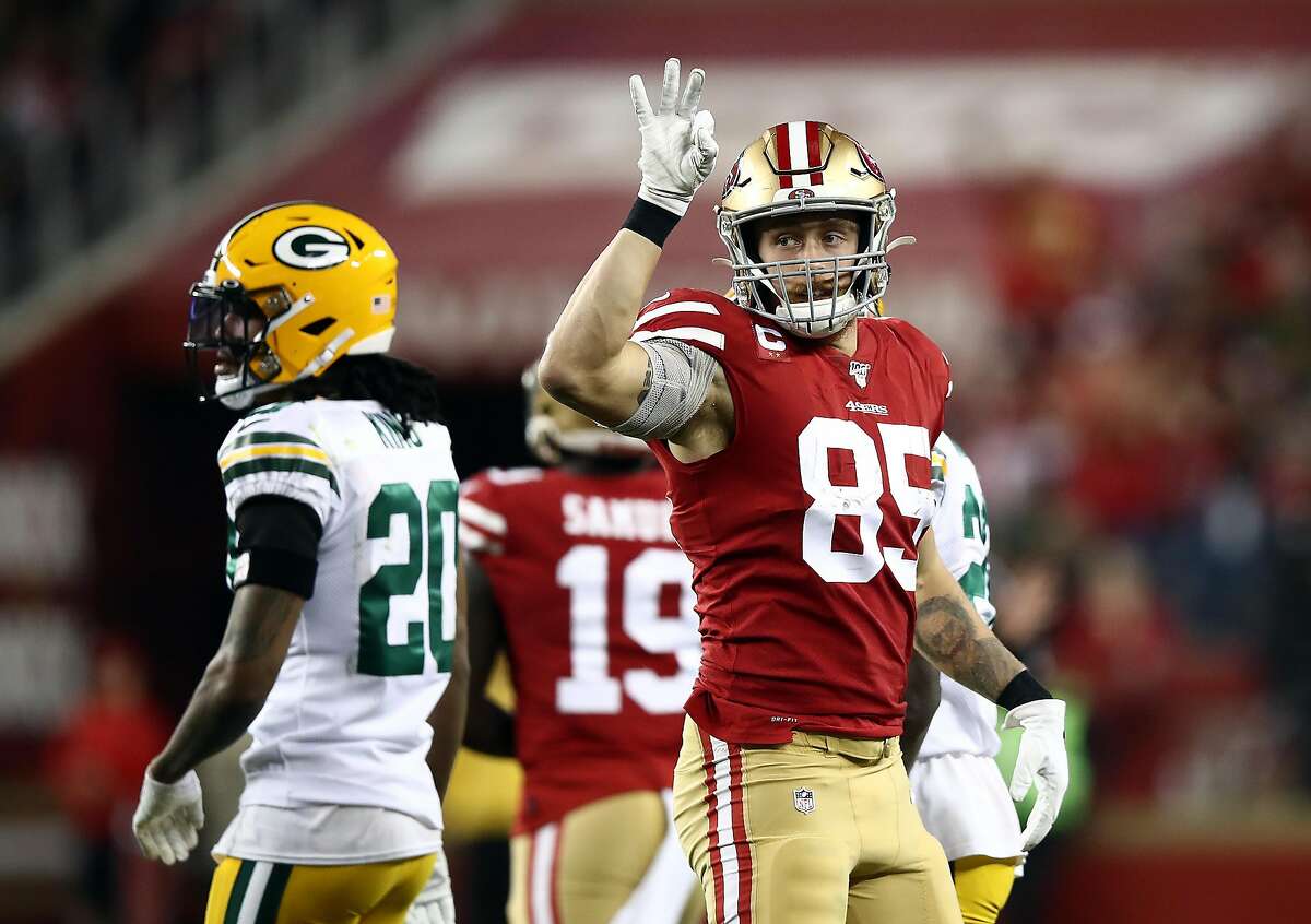 Tight end George Kittle #85 of the San Francisco 49ers reacts after a first down during the first half of the game against the Green Bay Packers at Levi's Stadium on November 24, 2019 in Santa Clara, California. (Photo by Ezra Shaw/Getty Images)