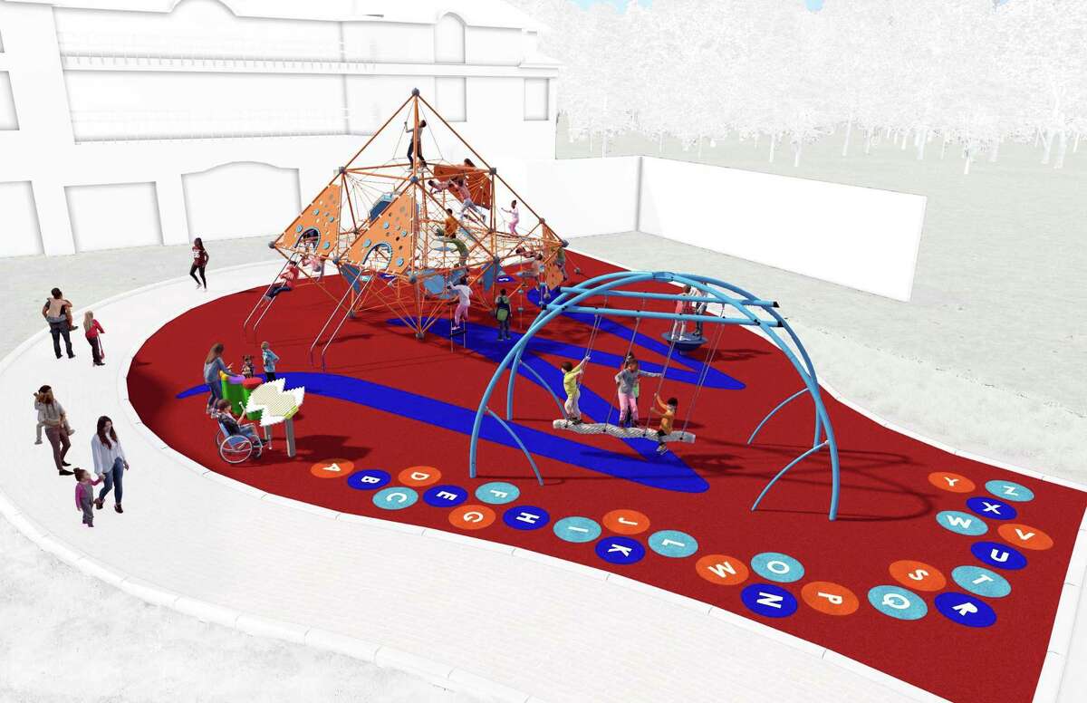 Renderings of the new downtown playground proposed for Bedford Square.The playground is tentatively scheduled to be completed by the summer of 2020. Photos by playground builder Kompan.