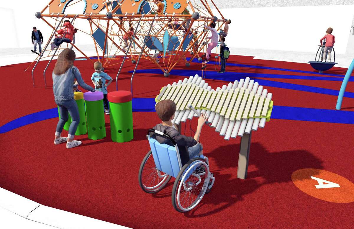 Renderings of the new downtown playground proposed for Bedford Square The playground will be ADA compliant and allow toddlers and older to play alongside their families. Photos by playground builder Kompan.