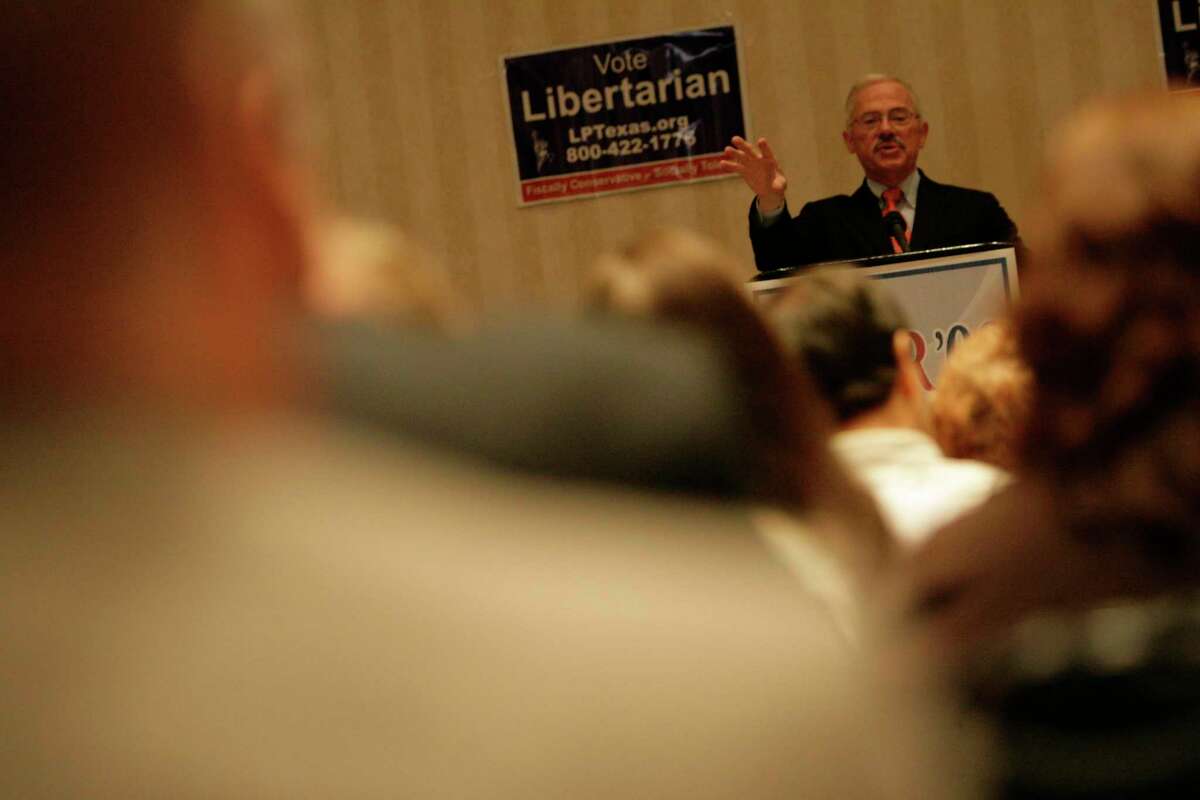 Former Georgia Congressman Bob Barr, who is running for president as a Libertarian and who is on the ballot in Texas, addresses supporters at a reception sponsored by the Harris County Libertarian Party at the Hilton at the University of Houston in 2008. ( Julio Cortez / Chronicle )