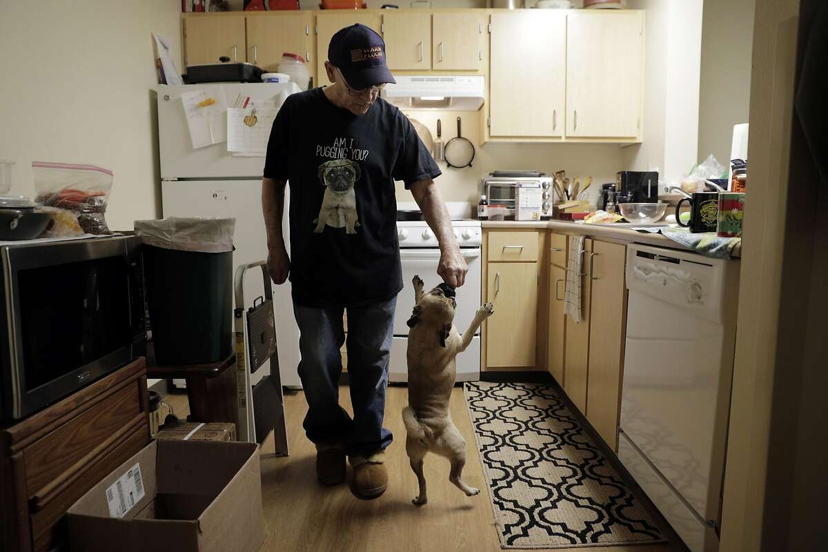 Cancer survivor Jack Hendrix, a recipient of the Chronicle�s Season of Sharing fund, plays with his pug, Gizmo in his apartment in Napa, Calif., on Wednesday, November 11/13/19, 2019. When Hendrix found out he had cancer, he had surgery right away, but when his landlord found out, he was evicted from his apartment. Hendrix used the Season of Sharing fund to get housing that allowed him to continue his cancer treatments.