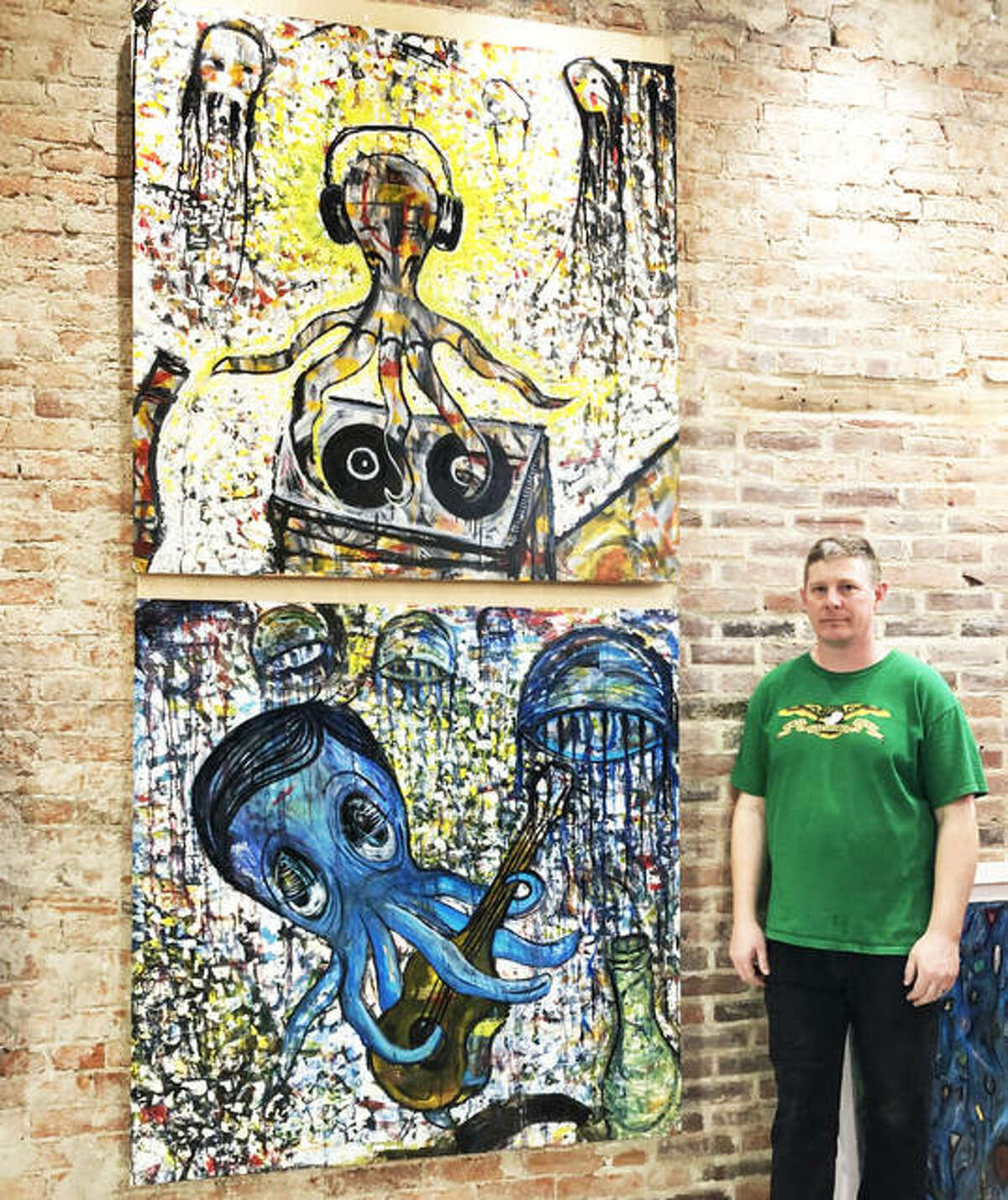 Artist Ben Johnston, an Alton native, at the installation Wednesday of his homecoming solo exhibition, Psychic Ecology, at Good Weather Gallery in Edwardsville.