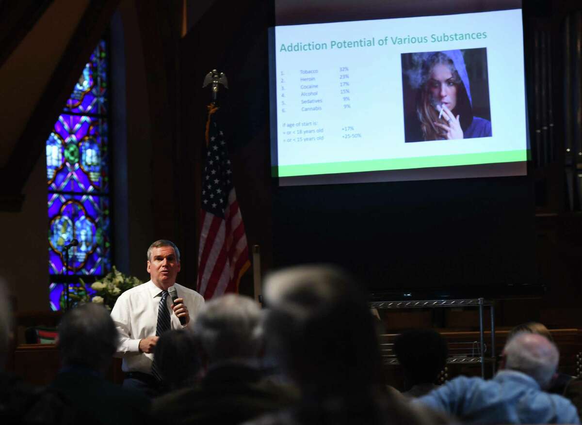 Liberation Programs President and CEO John Hamilton presents “How to Strengthen Resiliency in Families” regarding the opiod crisis during the Greenwich Retired Men's Association's weekly speaker series at First Presbyterian Church of Greenwich in Greenwich, Conn. Wednesday, Nov. 27, 2019.