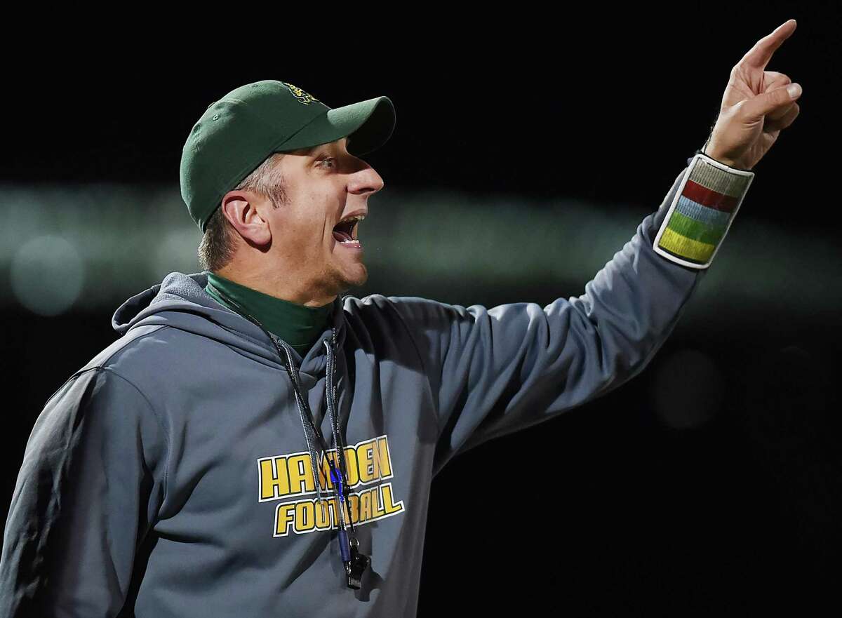 Hamden head coach Tom Dyer on the sideline against Wilbur Cross Thursday, October 18, 2018, at Bowen Field in New Haven. The Governors won, 25-7.