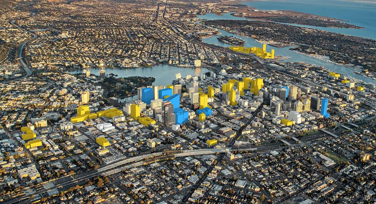An artist's rendering of new planned Oakland towers, with office projects in blue and housing projects in yellow.