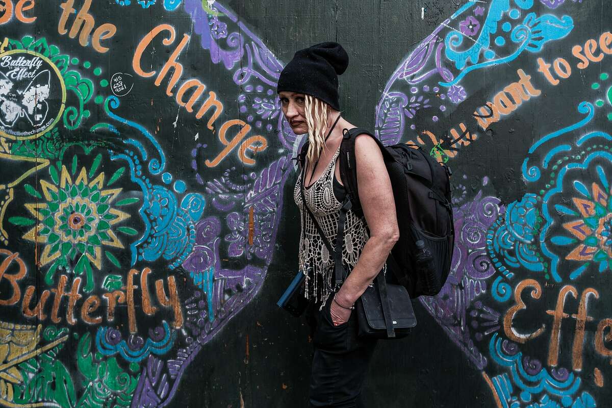 Shauna Artiago at Eddy Street and Golden Gate Avenue in the Tenderloin: “Speed a lot of times gets you geeked out, with your heart racing and your head pounding, and then fentanyl evens you out.”