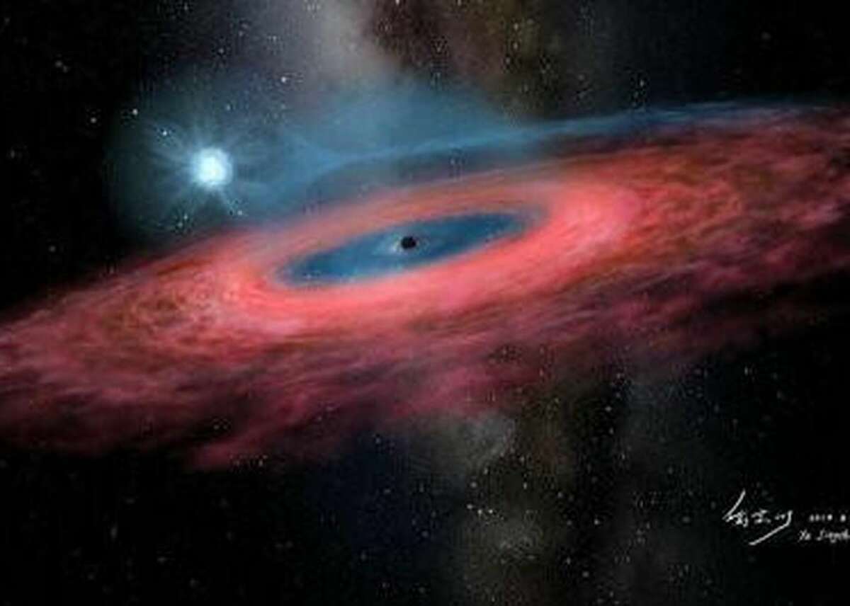 This artist's image shows black hole LB-1 and its companion star (in blue). Researchers from the Chinese Academy of Sciences discovered this unreal monster of a black hole that "should not even exist in our galaxy." The scientists estimate its size at 70 billion times the mass of our sun. "LB-1 is twice as massive as what we thought possible. Now theorists will have to take up the challenge of explaining its formation," said astronomer Liu Jifeng from the National Astronomical Observatory of China in 2019.