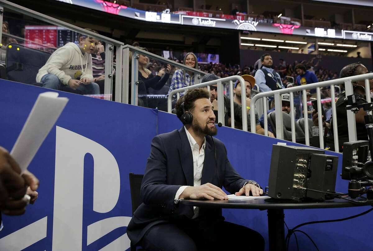 Klay Thompson (11) took some time in the second quarter to offer commentary on NBCSports Bay Area as the Golden State Warriors played the Chicago Bulls at Chase Center in San Francisco, Calif., on Wednesday, November 27, 2019.