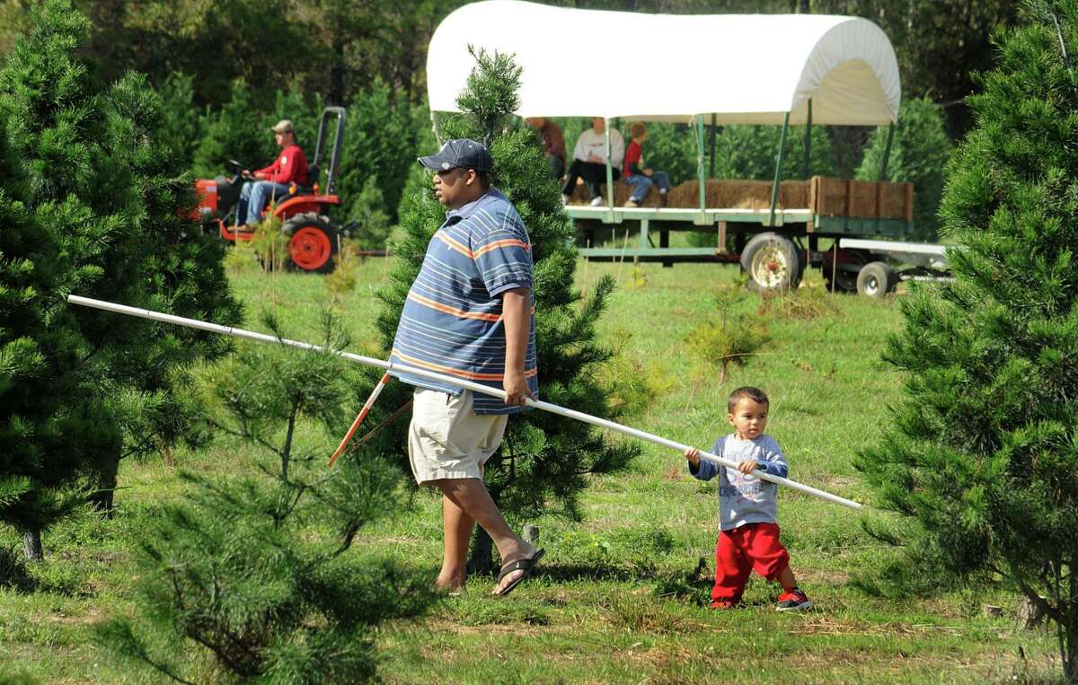Jason Karamath, of The Woodlands, and his son, Jackson, carry a measuring stick as they look for the perfect tree at the Spring Creek Growers, 23803 Decker Prairie-Rosehill Road in Magnolia, Christmas Tree Farm.