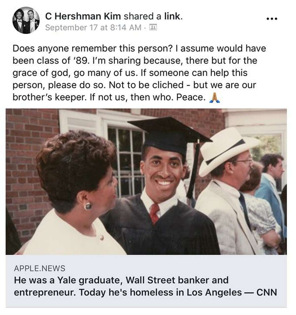Kim Hershman posted this alert on Facebook just after hearing about the CNN story about Shawn Pleasants, a fellow Yale University alumn, living homeless in Los Angeles.