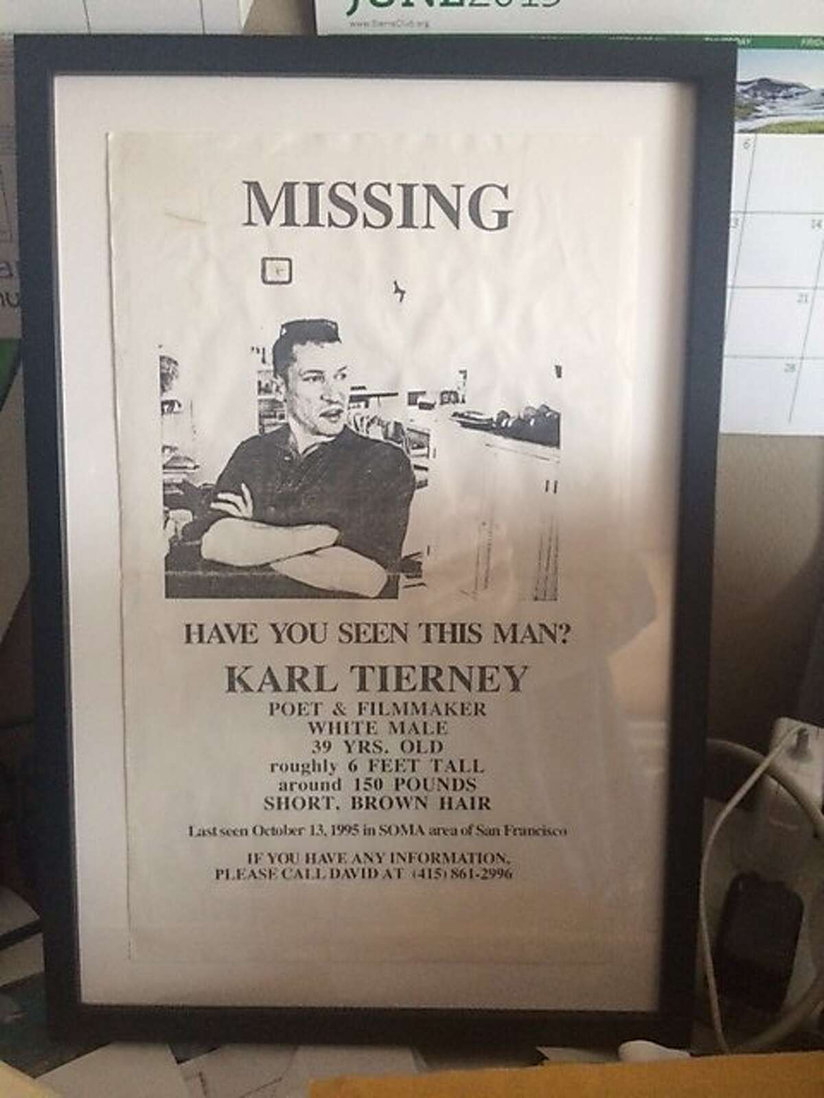 Jim Cory keeps a framed flyer posted in 1995 when he friend, Karl Tierney, went missing.