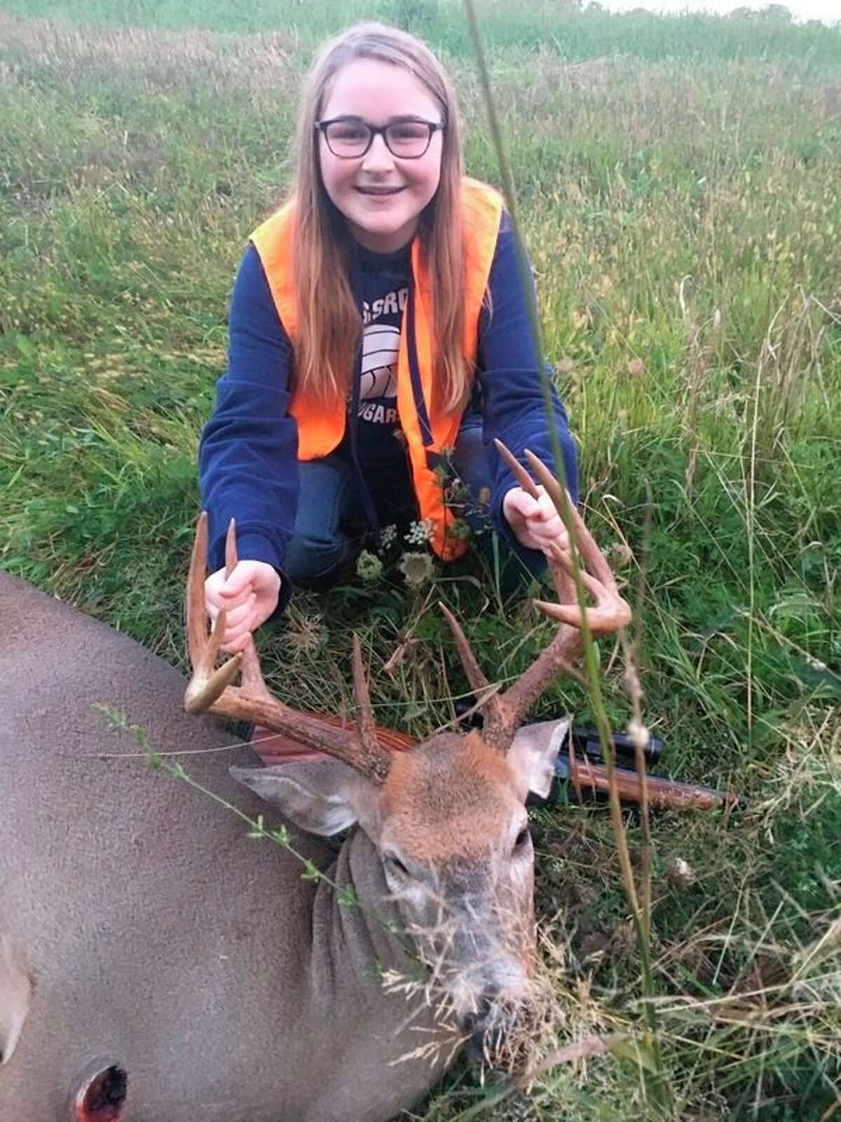 Local hunter 13-year-old Mackinzie Hanson shot this 10-point buck from 75 yards away, with a .223 rifle. (Courtesy photo)