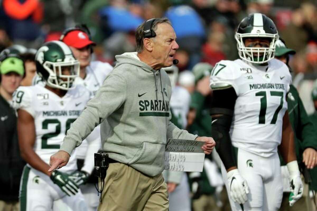 Michigan State head coach Mark Dantonio argues a call during the first half of an NCAA college football game against Rutgers on Saturday, Nov. 23, 2019, in Piscataway, N.J. Michigan State won 27-0. (AP Photo/Adam Hunger)