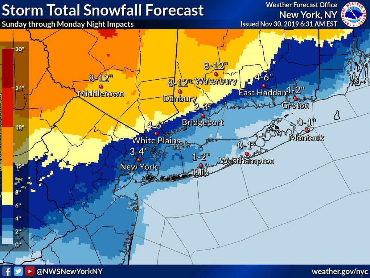 A map from the National Weather Service shows projected snowfall across Connecticut for a storm that is expected to hit Sunday, Dec. 1 and last into Monday, Dec. 2.