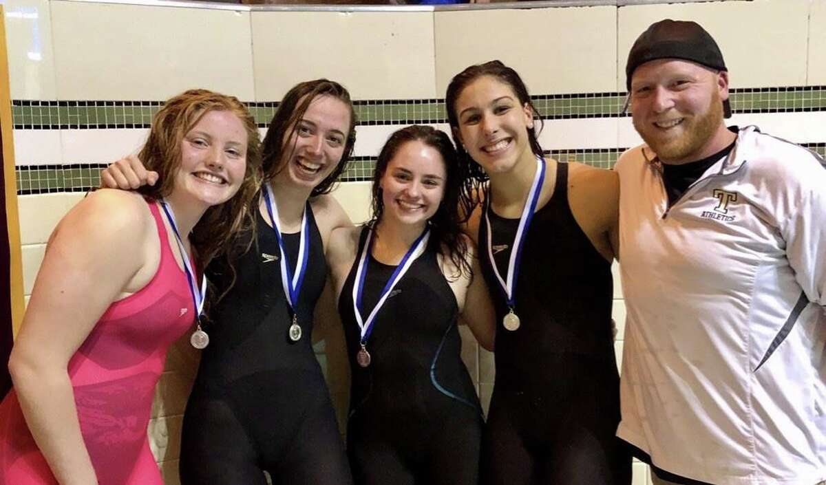 Lady Eagles' Lauren Walsh, Julia Nevins, Ashleigh Piro, Mia Zajac and head coach Bill Strickland at the State Open.