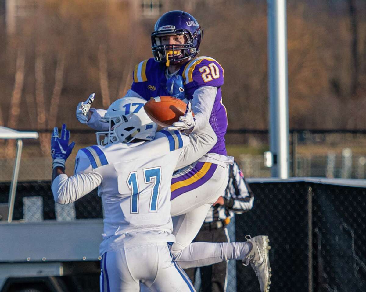 UAlbany wide receiver Tyler Oedekoven, who made the ESPN SportsCenter Top 10 Plays for this catch against Central Connecticut in 2019, has entered the transfer portal. (Jim Franco/Special to the Times Union.)