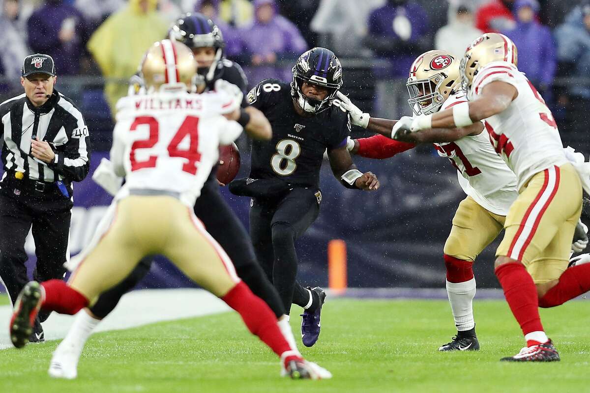 Baltimore Ravens S Chuck Clark (36) reacts after sacking San Francisco  49ers QB Jimmy Garoppolo (10), not pictured, in the first quarter of a game  at M&T Bank Stadium in Baltimore, Maryland