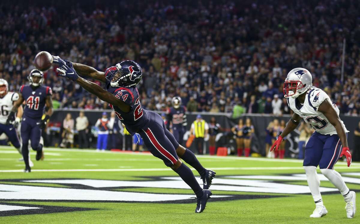 Houston Texans cornerback Johnathan Joseph (24) knocks a pass down on a two-point conversion attempt by the New England Patriots during the fourth quarter of an NFL game at NRG Stadium Sunday, Dec. 1, 2019, in Houston.