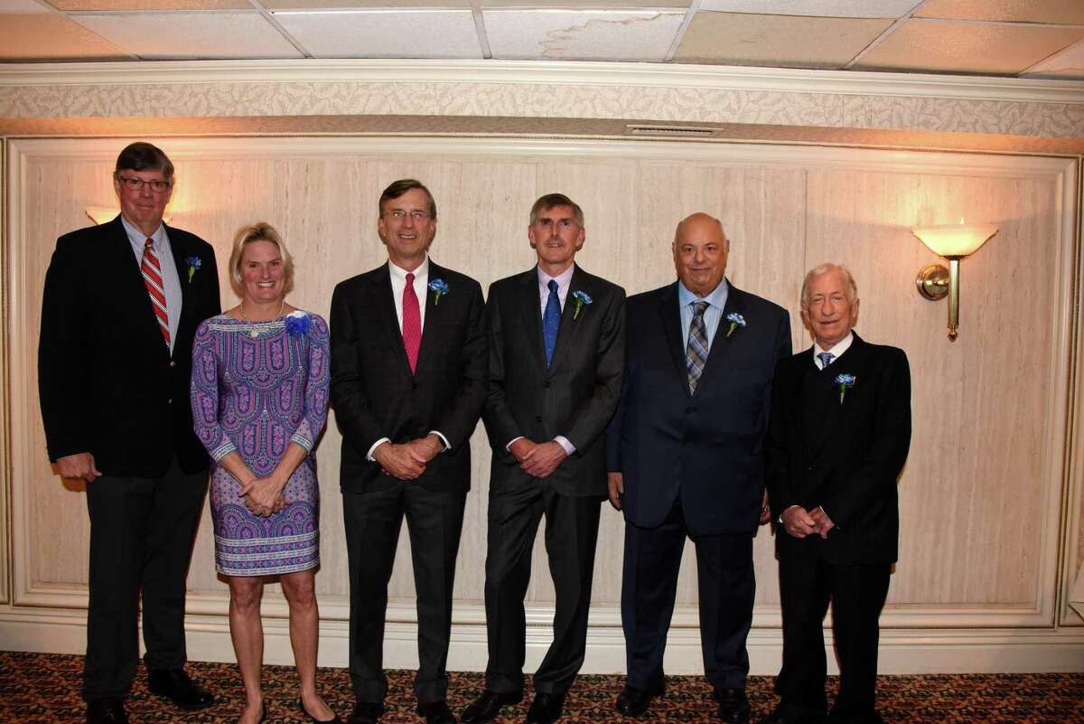 Honored at the Darien Old Timers' dinner were Brian Lindner, left, Lisa Lindley, Jay Chandler, David Ott, John Miceli, and Matthew Criscuolo.