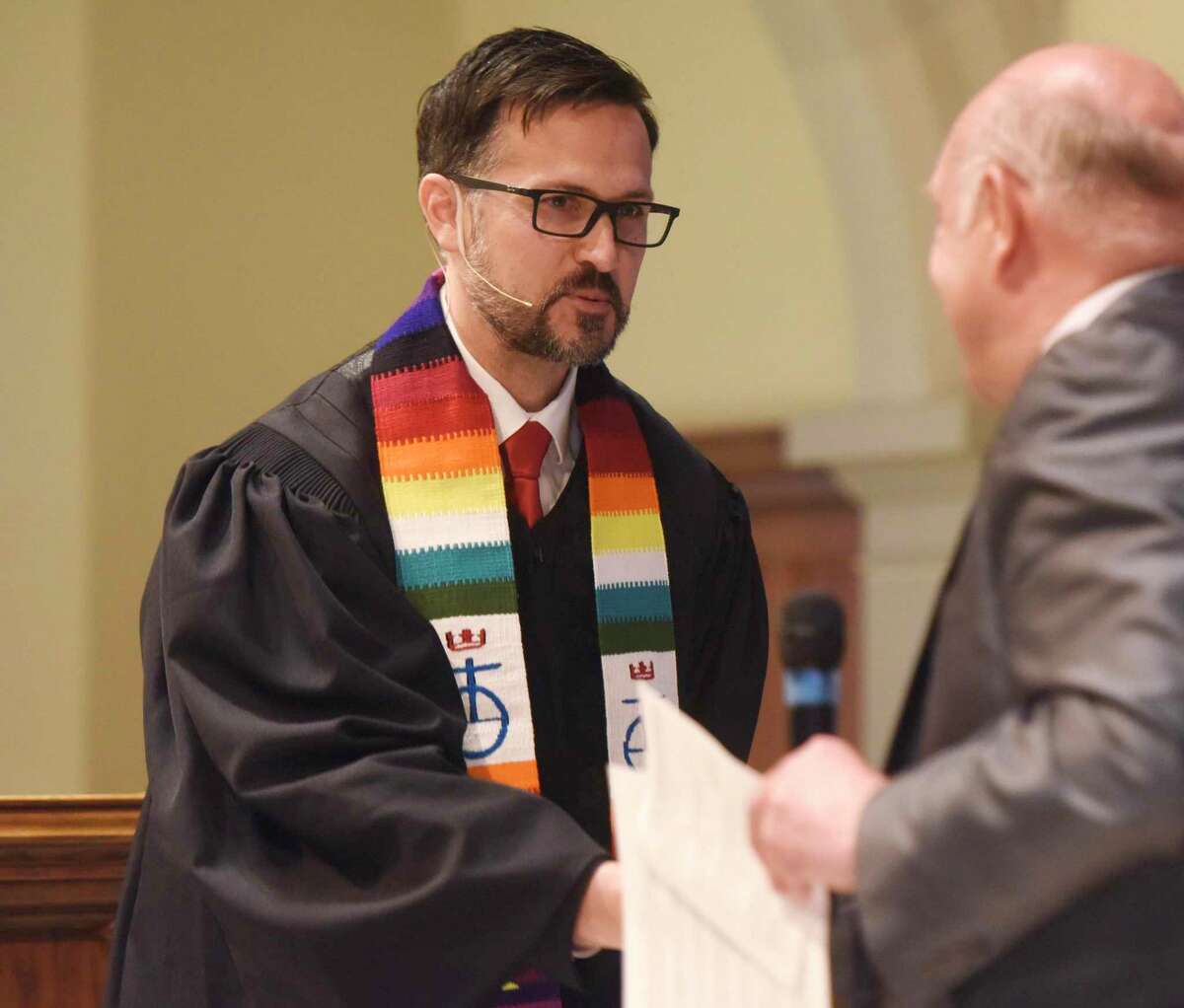 The Rev. Patrick Collins, Associate Pastor for Children, Youth and Families, is installed as a minister at First Congregational Church of Greenwich in April of 2017. It was announced Dec. 1 that the Rev. Patrick Collins, who has served as Associate Pastor since September 2016, will be the new Senior Pastor at FCCOG.
