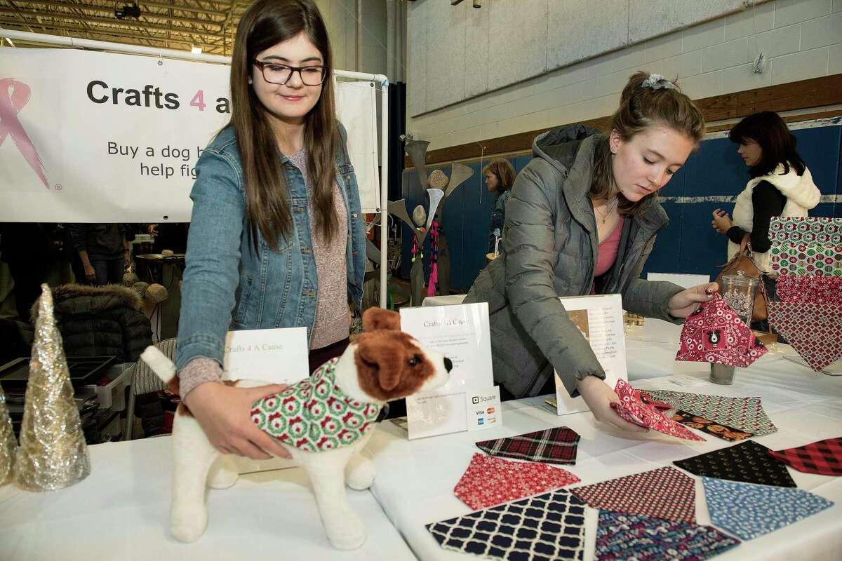 Amber Lynch and Taylor Lanxon of Crafts 4 a Cause donated 100 percent of proceeds of their products to cancer research at The Ridgefield Woman's Club Craft Fair on Saturday 23, November 2019 in Ridgefield, Conn. Amber Lynch and Taylor Lanxon of Crafts 4 a Cause donated 100 percent of proceeds of their products to cancer research at The Ridgefield Woman’s Club Craft Fair on Saturday 23, November 2019 in Ridgefield, Conn.