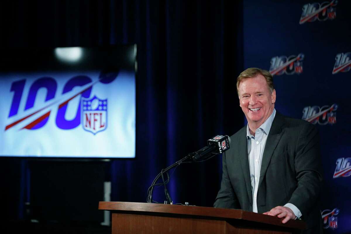 NFL Commissioner Roger Goodell speaks to the media during the NFL football owners meeting on Wednesday, May 22, 2019, in Key Biscayne, Fla. (AP Photo/Brynn Anderson)
