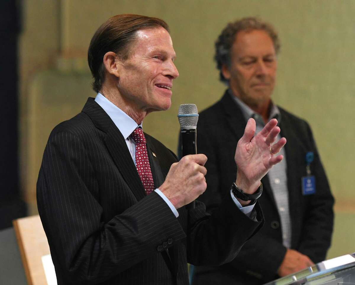 U.S. Sen. Richard Blumenthal, D-Connecticut, speaks during the groundbreaking for improvements at the Maritime Aquarium in Norwalk, Conn. Monday, Nov. 18, 2019. The Maritime Aquarium has begun construction on a larger, improved seal exhibit and new 4D theater.