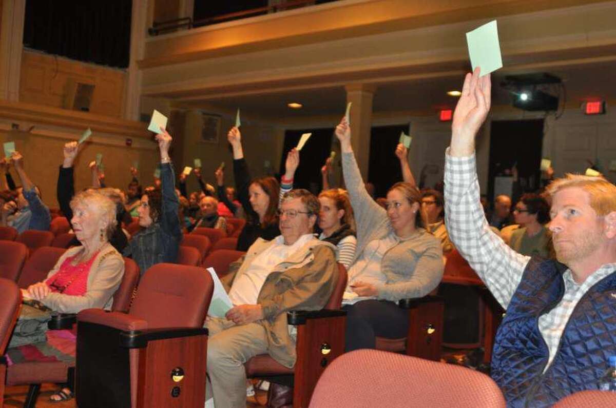Ridgefield voters cast votes against budget critic Ed Tyrrell's motion to cut the school budget at the Ridgefield Playhouse Monday, May 6.