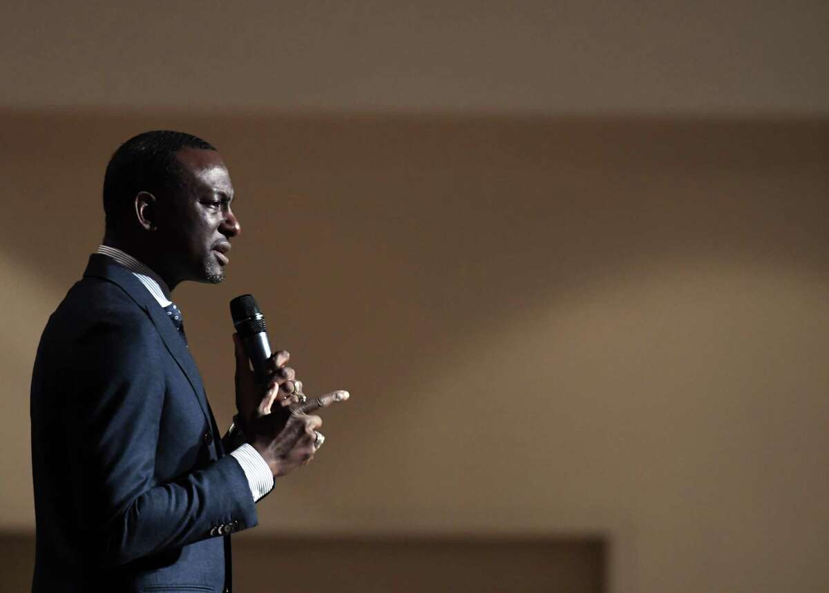 Yusef Salaam, one of the so-called Central Park Five, speaks during a staff development training forum for the New York State Coalition for Children's Behavioral Health on Tuesday, Dec. 3, 2019, at the Hilton in Saratoga Springs, N.Y. Salaam was exonerated in 2002 after being wrongly accused and convicted in the 1989 beating and rape of a white woman in Central Park. (Will Waldron/Times Union)