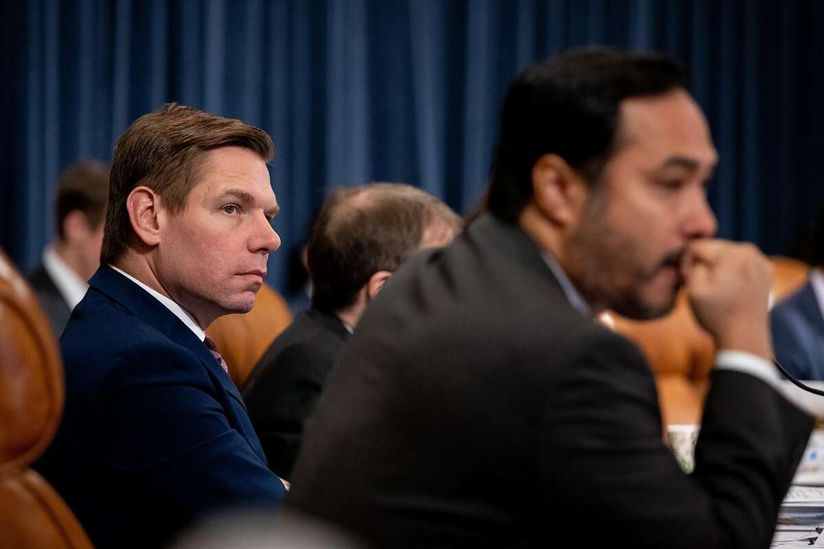 Rep. Eric Swalwell looks over the crowd at the US Capitol in Washington, D.C. during the House Intelligence Committee�s public hearing regarding the relationship between President Donald Trump and Ukraine on Thursday, November 21, 2019.