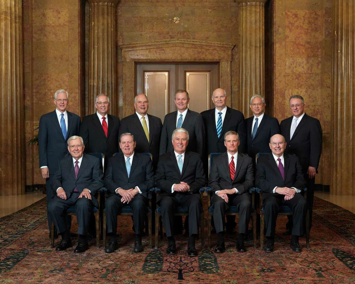 Current 12 Apostles of the Church of Jesus Christ of Latter-day Saints - photo by IRI Intellectual Reserve Inc. l-r bottom row - M. Russell Ballard - Jeffrey R. Holland - Dieter F. Uchtdorf - David A. Bednar - Quentin L. Cook - l-r Top Row - D. Todd Christofferson - Neil L. Andersen - Ronald L. Rasband - Gary E. Stevenson - Dale G. Renlund - Gerrit W. Gong - Ulisses Soares
