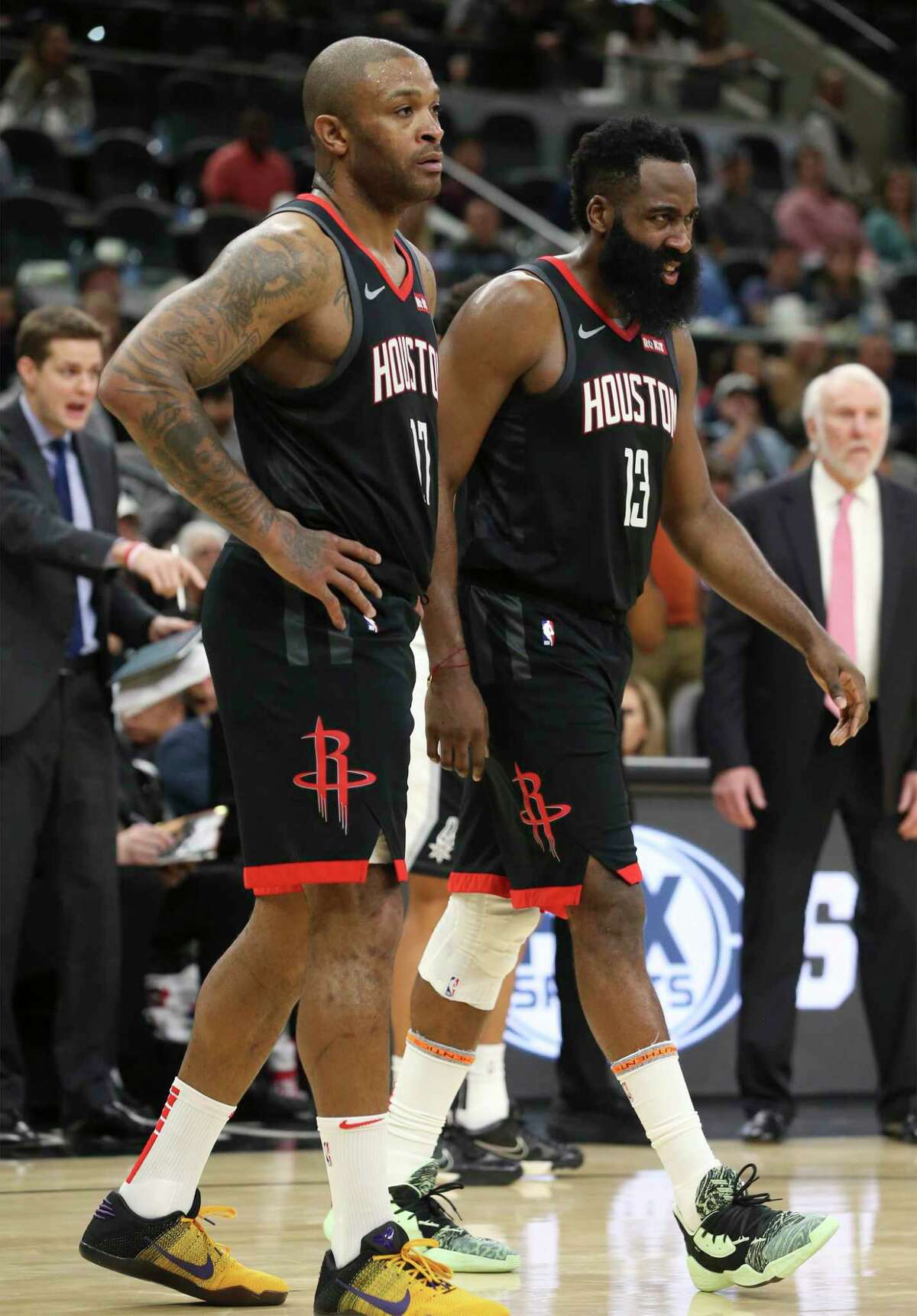 Houston Rockets' James Harden (13) reacts after a play against the Spurs during their game at the AT&T Center on Tuesday, Dec. 3, 2019. Spurs rally from 22 points to defeat the Rockets, 135-133, in double overtime.