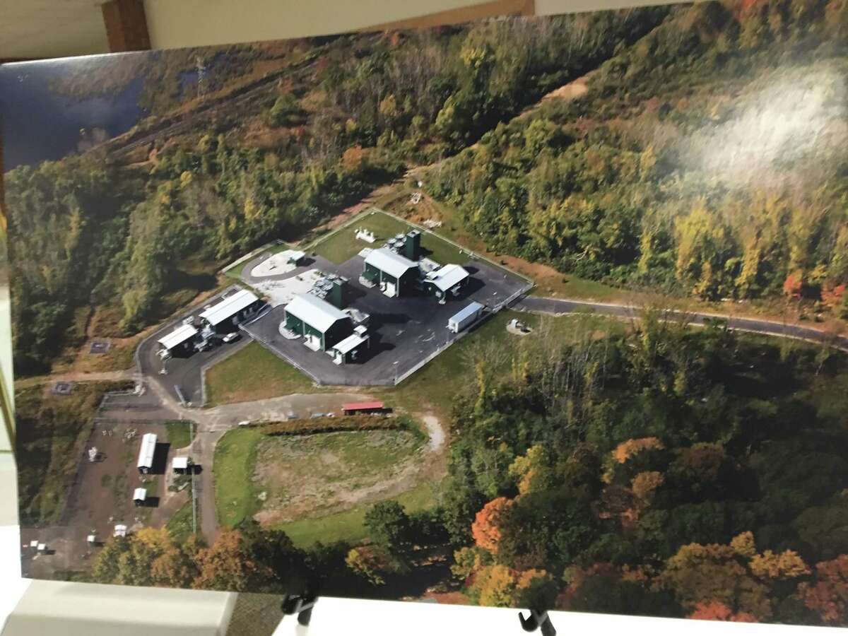An aerial photo of Iroquois Pipeline Operating Company's existing compressor station in Brookfield is displayed at an open house to share details about a proposed compression expansion at three of its sites, including Brookfield.