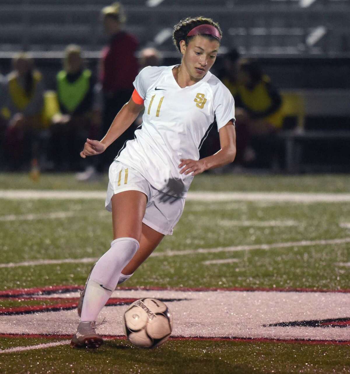 St. Joseph's Maddie Fried (11) controls the ball during a girls soccer game between St. Joseph and New Canaan at Dunning Field on Friday, Oct. 11, 2019.