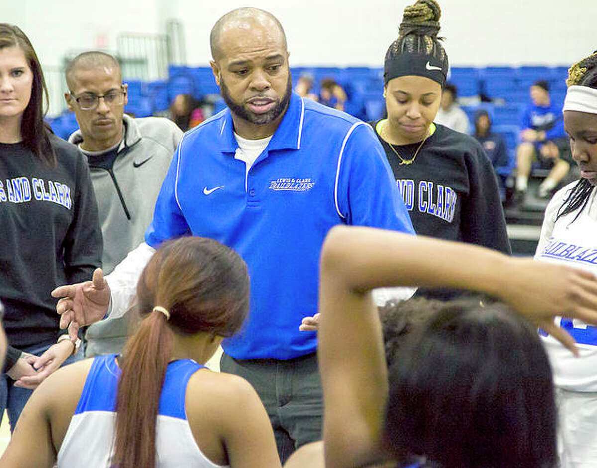 LCCC women’s basketball coach Jaron Young gives instructions to his team. Young’s Trailblazers are 3-3 on the season and play next on Saturday in Centralia against at Kaskaskia.
