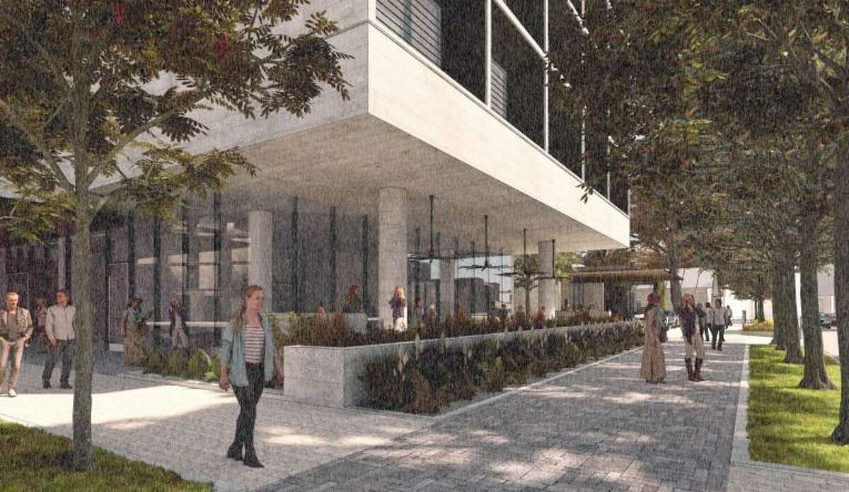 This is one of the street-level entrances to White Lodging's planned boutique hotel. The design as represented may have changed from these renderings released in 2019. 