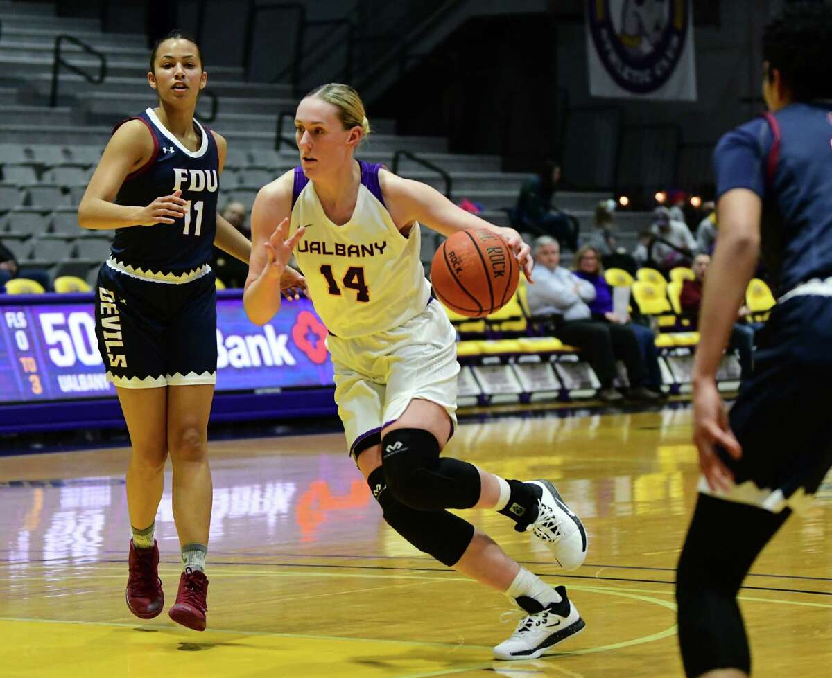 University at Albany's Amanda Kantzy drives to the hoop during a basketball game against Fairleigh Dickinson at SEFCU Arena on Wednesday, Dec. 4, 2019 in Albany, N.Y. (Lori Van Buren/Times Union)