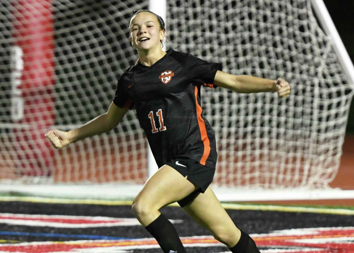 Bethlehem's Claire Hutton cheers after scoring a goal against Shaker during a Class AA semifinal match on Wednesday, Oct. 30, 2019, in Mechanicville, N.Y. (Jenn March, Special to the Times Union)