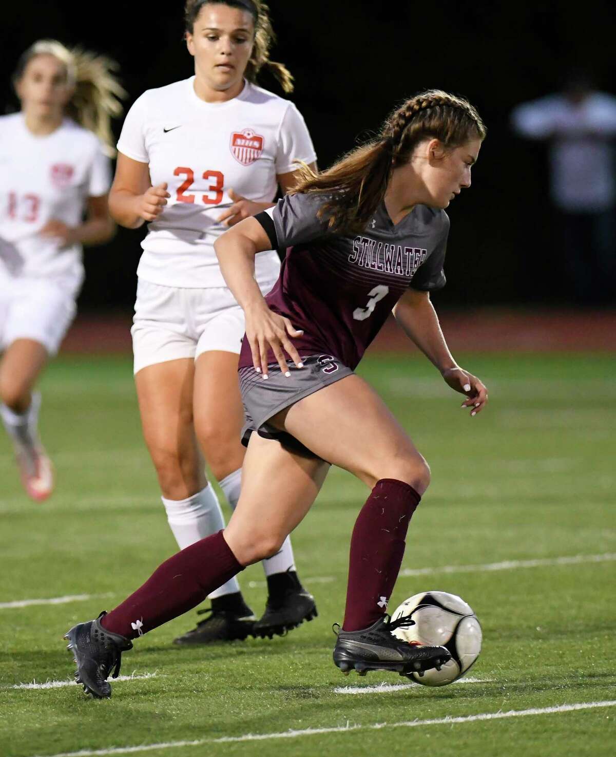 Stillwater's Brooke Picketts (3) moves the ball against Mechanicville during a Section II girls' high school soccer game in Stillwater, N.Y., Monday, Sept.16, 2019. (Hans Pennink / Special to the Times Union)