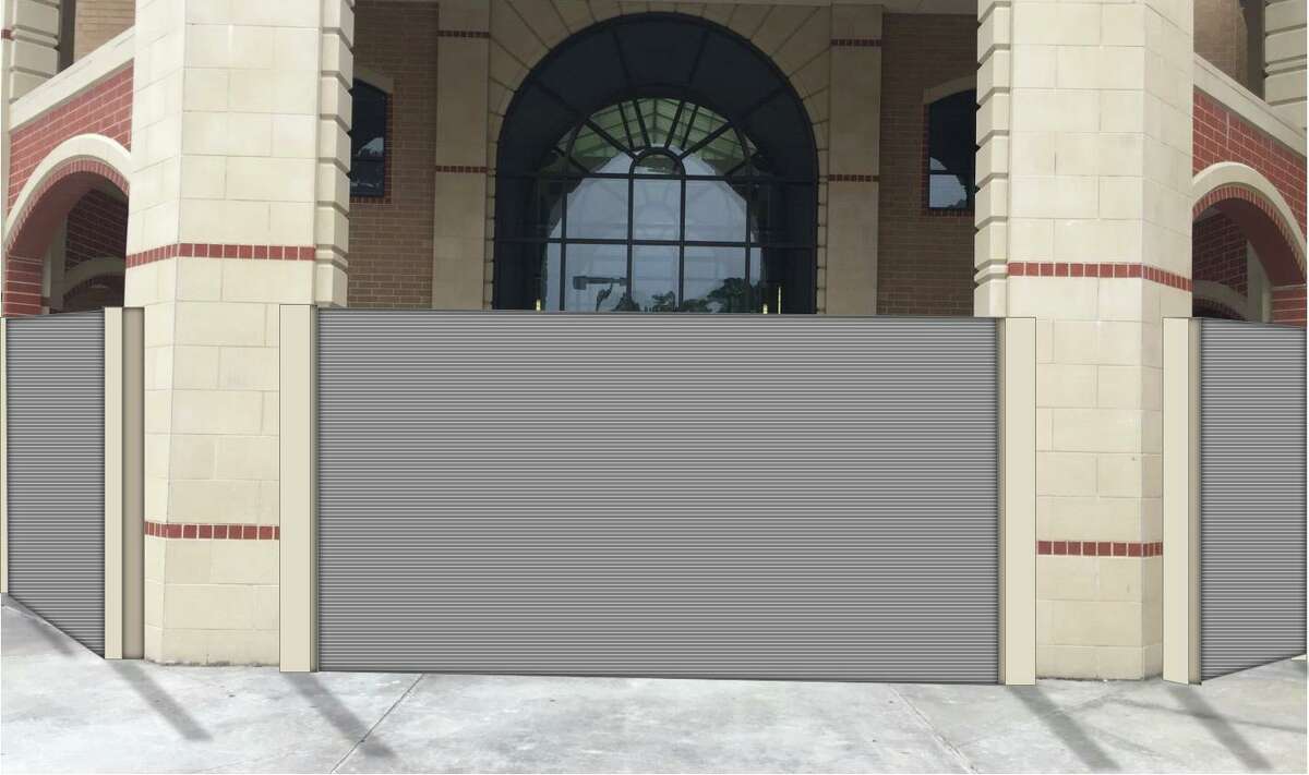 Humble ISD hopes to install $30 million flood gates around doors and windows to protect Kingwood High School from catastrophic rain storms. (Photo illustration courtesy of Humble ISD.)