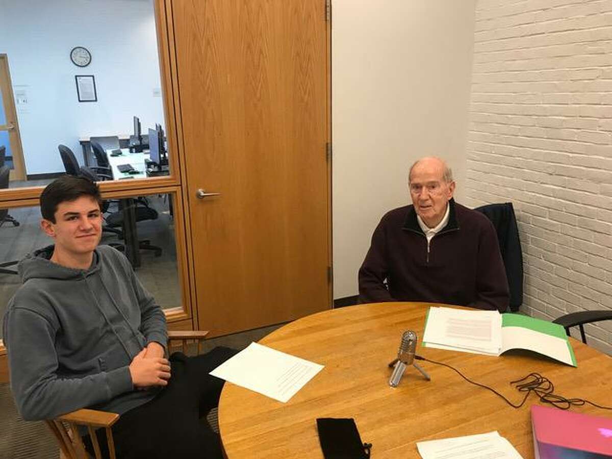 Wilton High School junior Connor Allen and Dick King, of Stay at Home in Wilton, conducted the first interview of the organization's new podcast, “The Story Next Door.”