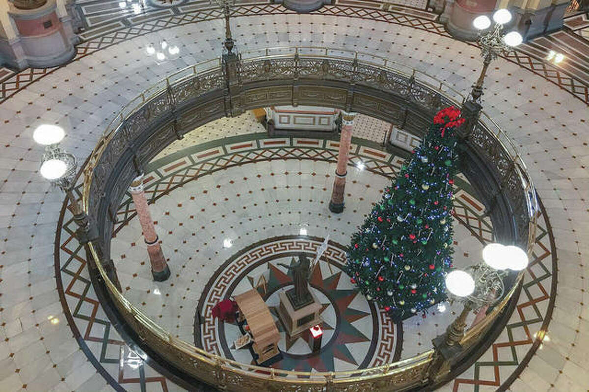 Holiday displays on the ground floor of the Capitol rotunda are visible from the building’s third floor.