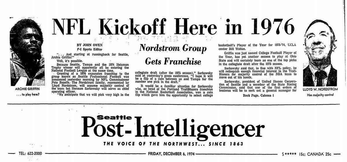 The top of the Dec. 6, 1974 Seattle Post-Intelligencer shows the news that Seattle winning an NFL franchise.