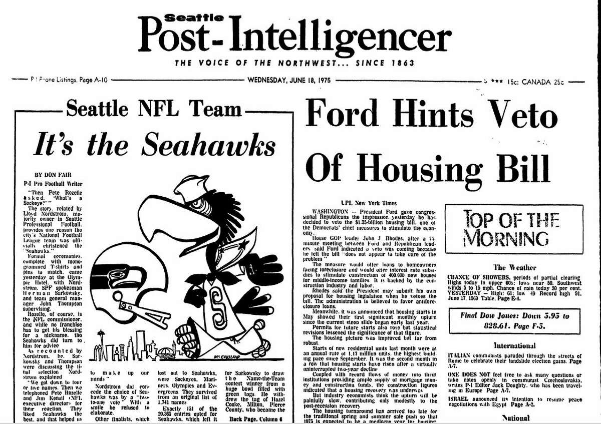 In the June 18, 1975 edition of the Seattle Post-Intelligencer, the name "Seahawks" was announced for Emerald City's new NFL team.