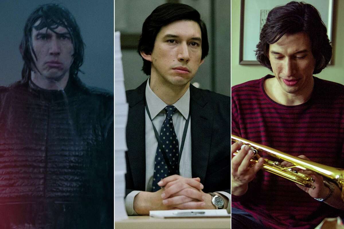 From left, Adam Driver appears in "Star Wars: The Rise of Skywalker," "The Report" and "Marriage Story."